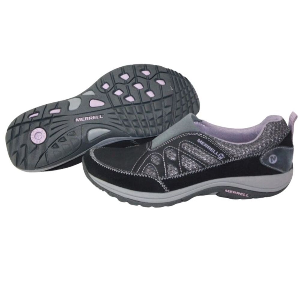 Merrell Andean Hiking Moc Womens Sz 7 Black Sea Fog Violet Slip On Suede Sneaker